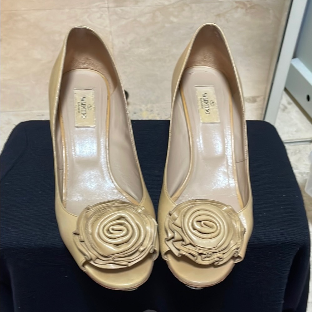 Valentino Cream Peep-Toe Heels with Rose Embellishment